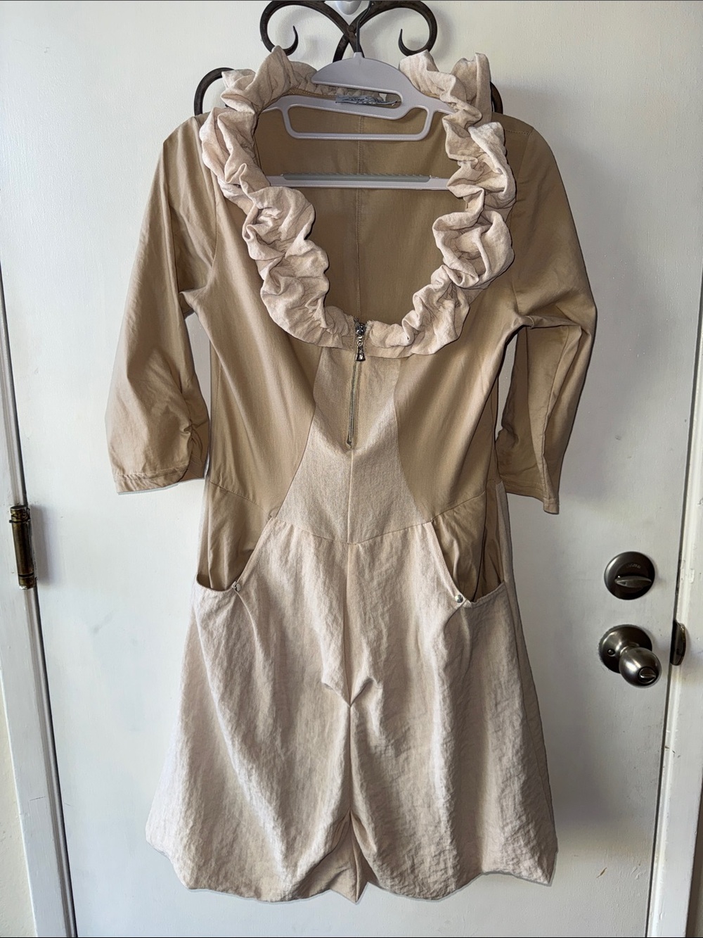 Neutral Ruffle-Neck Long Sleeve Dress with Front Zip